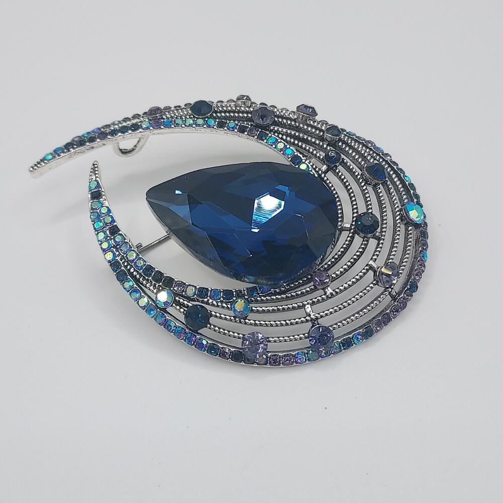 Avelia Blue Rhinestone Brooch Retro Look Crescent 2.5"